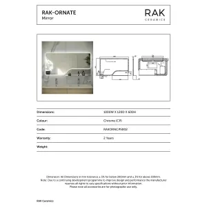 RAK Ornate 600x1000mm Chrome Square with Touch Sensor Illuminated Mirror IP44