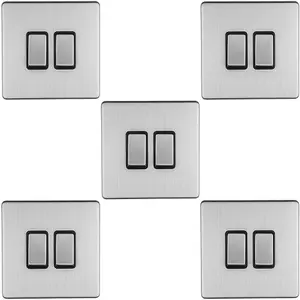 5 PACK 2 Gang Single Light Switch SCREWLESS SATIN STEEL 2 Way 10A Slim Rocker