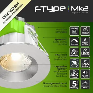 Luceco FType Mk2 Brushed Steel effect Fixed LED Fire-rated Cool & warm Downlight 6W IP65, Pack of 6