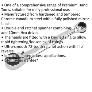 120mm Reversible Ratchet Spanner for 1/4" and 10mm Hex - 72-Tooth Precision Tool