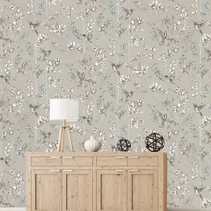 Holden Floral Charm Hummingbird Wallpaper - Soft Gold 12394