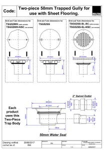 McAlpine TSG52SS-SL-SC Two-Piece 50mm Water Seal Trapped Gully, Clamp Ring and Cover Plate, 2" Horizontal Outlet