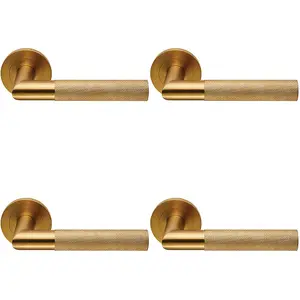 4 PACK - PAIR Knurled Round Bar Door Handle on Round Rose Concealed Fix Satin Brass