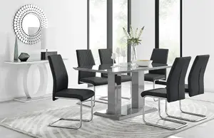 Imperia Grey High Gloss 6 Seater Dining Table with Structural 2 Plinth Column Legs 6 Black Faux Leather Lorenzo Cantilever Chairs