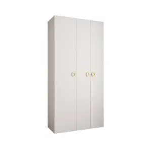 Stylish White Como I Hinged Door Wardrobe H2460mm W1200mm D500mm, Three Doors, Eight Shelves, Hanging Rail, Gold Handles