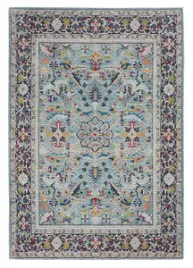 Teal/Multicolor Persian Rug, Easy to Clean Floral Rug, Stain-Resistant Traditional Rug for Dining Room-61cm X 122cm