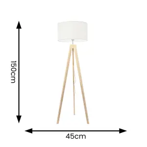 ValueLights Jackson Natural Wood Tripod Floor Lamp with White Fabric Lamp Shade