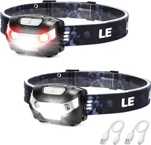 LE Head Torch Rechargeable, [2 Pack] Super Bright LED Headlamp Waterproof With 5 Lighting Modes, 30 Hours Runtime, Red Warning Lights, Lightweight