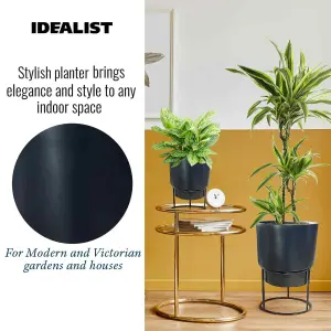 Set of two IDEALIST™ Black Reinforced Stone Flower Pots, Round Indoor Planters on Detachable Metal Stands: D20 H35 cm + D26 H50 cm