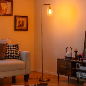 COSTWAY Industrial Floor Lamp Standing Lamp with Hanging Glass Lampshade & Foot Switch Golden