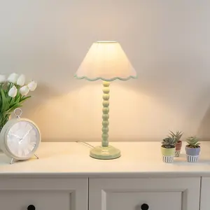 ValueLights Bobbles Sage Green Bobbin Table Lamp with Green Trim Scallop Shade - LED Bulb Included