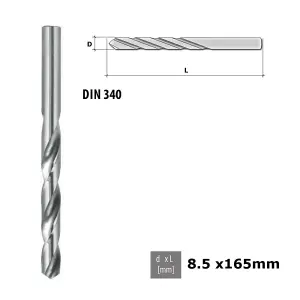 Quality Drill Bit For Metal - Polished HSS DIN 340 Silver - Diameter 8.5mm - Length 165mm