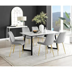 Industrial Design White & Grey Marble Effect Melamine Dining Table Set with 6 Luxury Velvet Chairs Grey/Gold