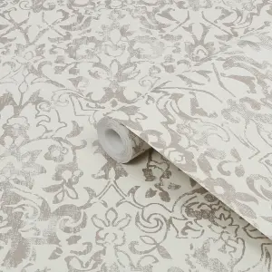 Next Majestic damask Neutral Metallic effect Smooth Wallpaper