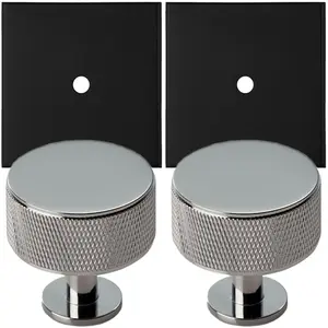 2 PACK - Cabinet Door Knob & Contrasting Backplate Set - Knurled Kitchen Pull - Polished Chrome & Black