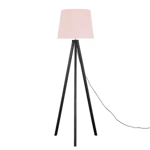 ValueLights Barbro Modern Black Wood Tripod Design Floor Lamp with Pink Tapered Shade - Includes 6w LED GLS Bulb 3000K Warm White