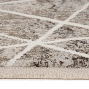 Beige Abstract Marble Bedroom Living Area Rug with Fringing 120x170cm