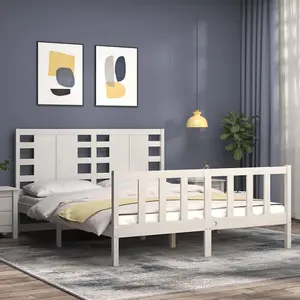 Berkfield Bed Frame with Headboard White King Size Solid Wood