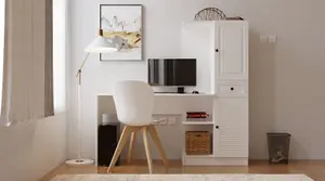 ELISE White Storage Desk With Attached Bookcase