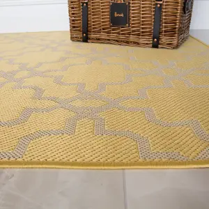 Yellow Grey Geometric Trellis Flatweave Indoor Outdoor Runner Rug 60x240cm