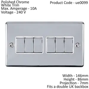 6 Gang Multi Light Switch POLISHED CHROME 2 Way 10A White Trim & Metal Rocker