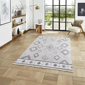 Grey Silver Geometric 5mm Thick Rug, Stain-Resistant Modern Rug for Bedroom, Living Room, & Dining Room-60cm X 170cm