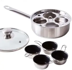 7pc Stainless Steel Egg Poacher Pan 4 Hole Cup Poach Saucepan Frying Glass Lid Non Stick New See Through Transparent Vented Glass