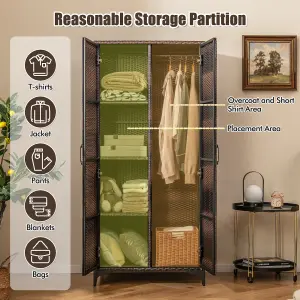 COSTWAY PE Rattan Wardrobe 157 cm Wicker Armoire Closet w/ Hanging Rod