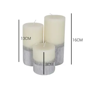 Pillar Candle Set of 3 Silver & White Two Tone Candles by Laeto Ageless Aromatherapy - FREE DELIVERY INCLUDED