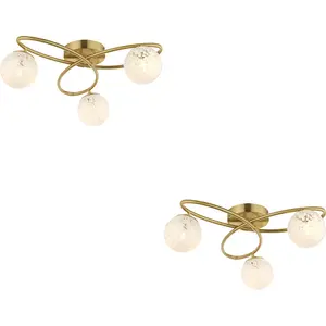 2 PACK Satin Brass Semi Flush Low Ceiling Light - White Confetti Multi Arm Glass - 3 X 3W LED G9