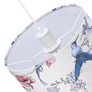 Beautifully Designed Bird Themed 30cm Drum Shade with Colourful Floral Accents