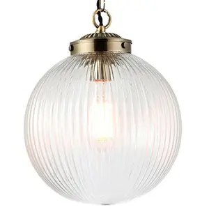 Hanging Ceiling Pendant Light BRASS & RIBBED GLASS Round Lamp Shade Bulb Holder