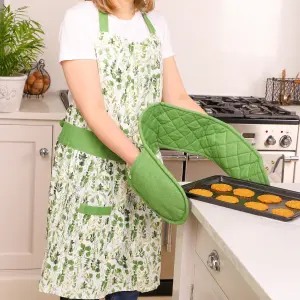 Vintage Style Leaf Print Adult Pinny Cooking Apron with Oven Glove Set