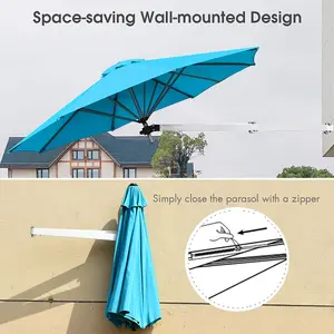 Costway Wall-Mounted Umbrella Water-proof Cantilever Parasols Tilting Sunshade Umbrella w/ Adjustable Pole