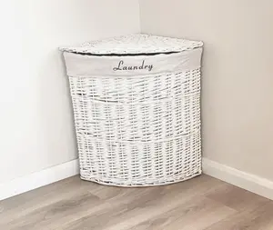 White Corner Wicker Laundry Basket with Cotton Lining Large 62 x 46 x 60 cm