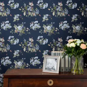 Laura Ashley Rosemore Midnight seaspray Floral Smooth Wallpaper