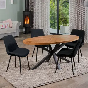 Dosenna Oval Dining Table Set with 4 Bovino Fabric Chairs - Black