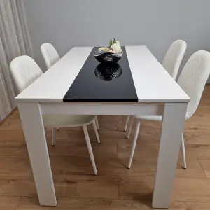 Wooden White Black Dining Table  with 4 White Stitched Leather Chairs Set