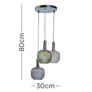 ValueLights Stratton Retro 3 Way Polished Chrome Ceiling Light Fitting with Hanging Coloured Glass Shades