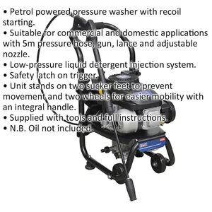 Petrol Powered Pressure Washer - 4hp Engine - 150bar - 5m Pressure Hose