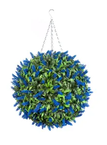 Pair of Best Artificial 38cm Blue Lush Lavender Hanging Basket Flower Topiary Ball - Weather & Fade Resistant