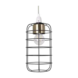 First Choice Lighting Cage Black and Antique Brass Industrial Style Easy Fit Pendant Shade