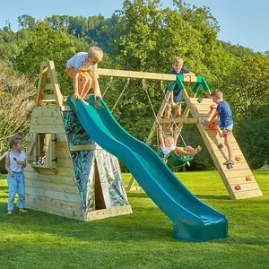 Rebo Wooden Pyramid Climbing Frame with Swings and 8.7ft Water Slide - Pixley