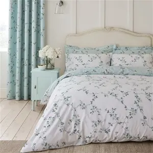 Dunelm Edith Duck Egg Floral Reversible Duvet Cover And Pillowcase Set, Floral, Size: Single, Blue, Duck Egg, Polycotton