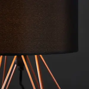 ValueLights Angus Pair of Copper Metal Bed Side Table Lamps with Black Fabric Shades and LED Golfball Bulbs In Warm White