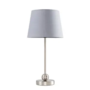 ValueLights Theydon Modern Brushed Chrome Single Stem Metal Ball Table Lamp with Grey Tapered Shade with LED Golfball Bulb