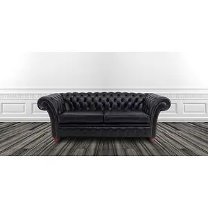 Chesterfield 3 Seater Old English Black Leather Sofa Bespoke In Balmoral Style