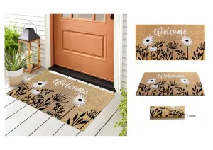 A.Unique Home 15mm Natural Coir Doormat with Printed Pattern 40cm x 80cm - Non-Slip PVC Backed - WELCOME B&W MAT