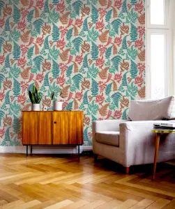 Arthouse Botanical Fern Teal/Red Wallpaper