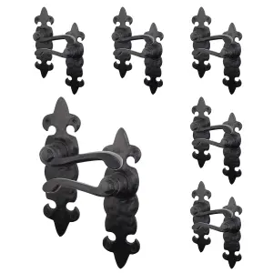 AFIT Black Antique Fleur De Lys Door Handles - 6 Pairs Cast Iron Internal Lever Latch Handles on Backplate